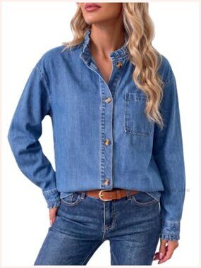 Womens Denim Shirt Ruffle Neck Long Sleeve Button Down Blouse